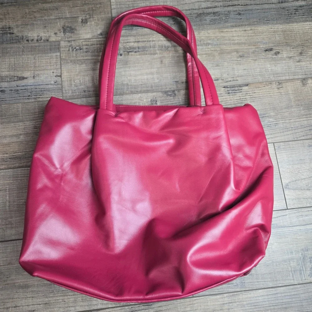 Neiman Marcus Berry Red Vegan Leather Slouchy Tote Bag Pouch Soft Quiet Luxury